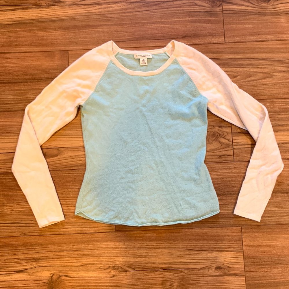 Soft light blue minty seafoam cashmere baseball style sweater Banana Republic